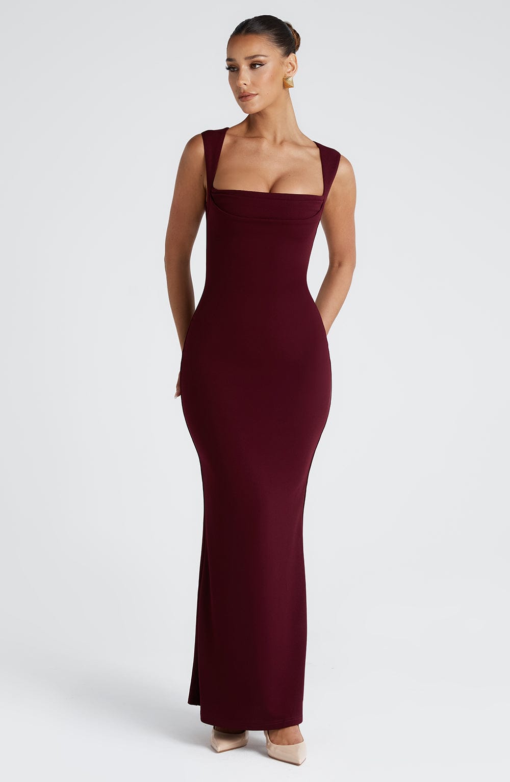 Women's Square Neck Fitted Maxi Dress with Wide Shoulder Straps