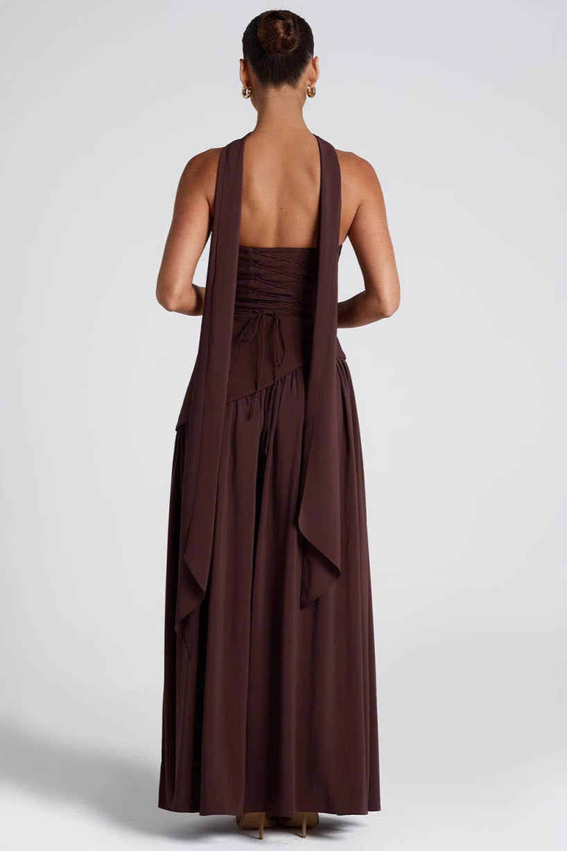 Women's Strapless Bodycon Maxi Dress with Draped Skirt and Split