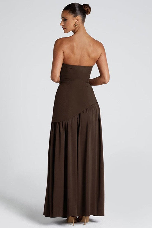 Women's Strapless Bodycon Maxi Dress with Draped Skirt and Split