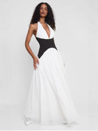 Women's Sleeveless Halter Maxi Dress with Plunge Neckline