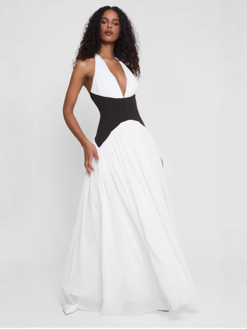 Women's Sleeveless Halter Maxi Dress with Plunge Neckline