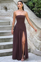 Women's Strapless Bodycon Maxi Dress with Draped Skirt and Split