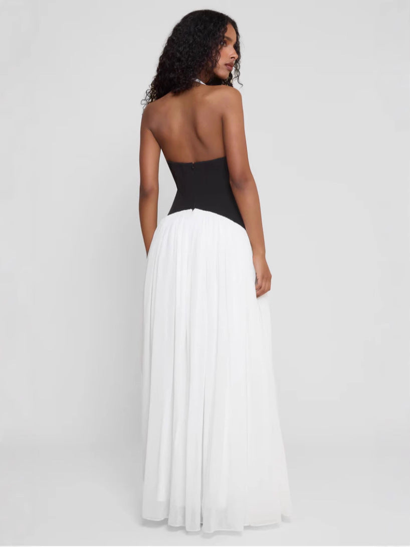 Women's Sleeveless Halter Maxi Dress with Plunge Neckline