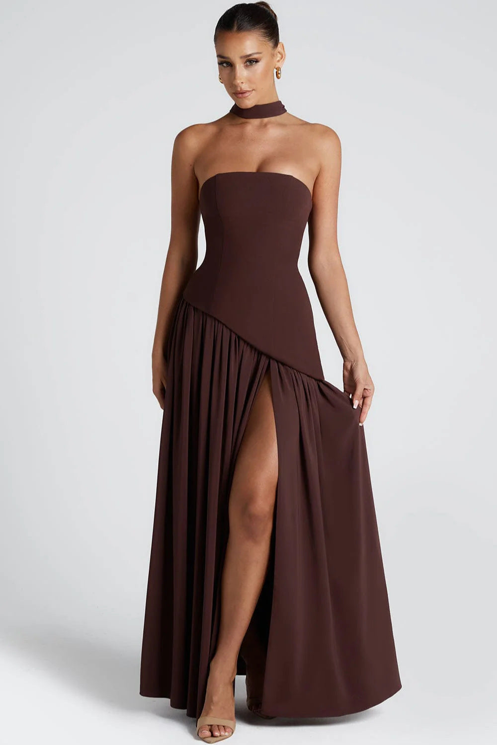 Women's Strapless Bodycon Maxi Dress with Draped Skirt and Split