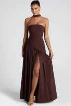 Women's Strapless Bodycon Maxi Dress with Draped Skirt and Split
