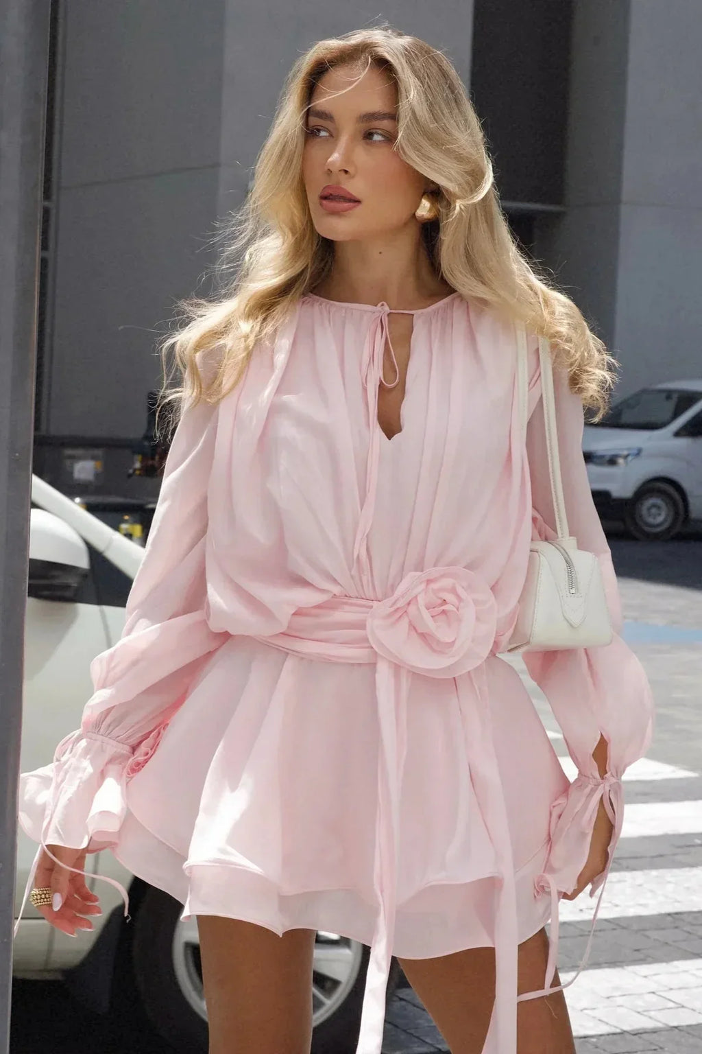 Keyhole Neck Long Sleeve Mini Dress