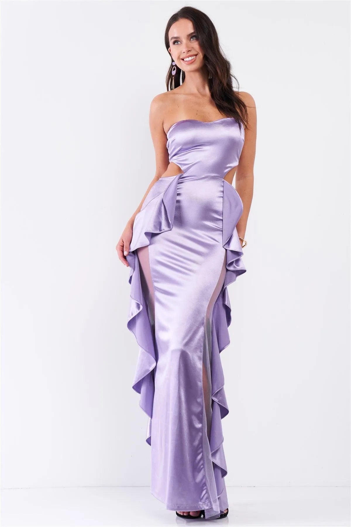 Women's Satin Look Strapless Maxi Dress with Ruffle Detail Main image