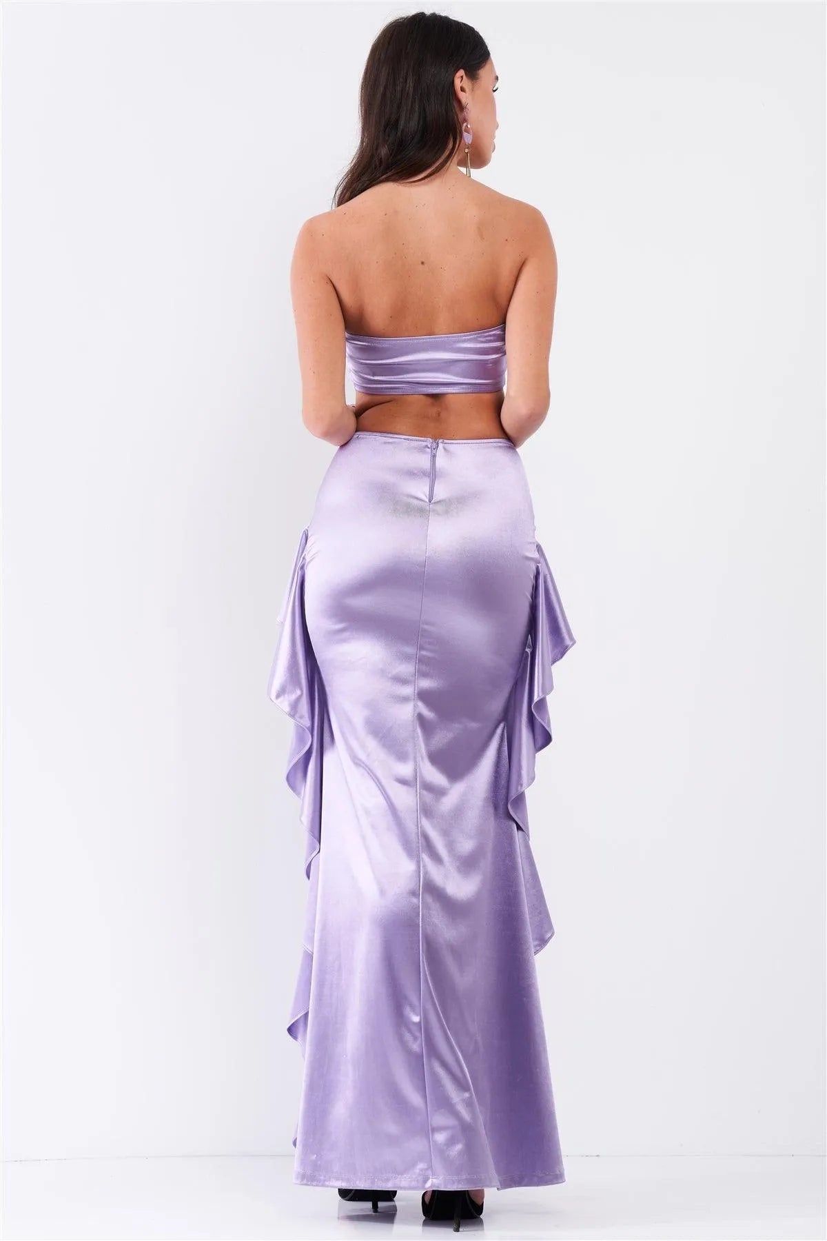 Women's Satin Look Strapless Maxi Dress with Ruffle Detail