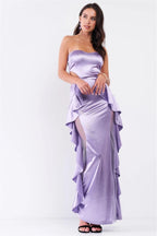 Women's Satin Look Strapless Maxi Dress with Ruffle Detail