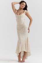 Women's Square Neck Lace Midi Dress with Asymmetric Hem Detail