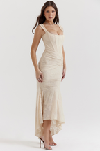 Women's Square Neck Lace Midi Dress with Asymmetric Hem Detail
