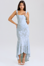 Women's Square Neck Lace Midi Dress with Asymmetric Hem Detail