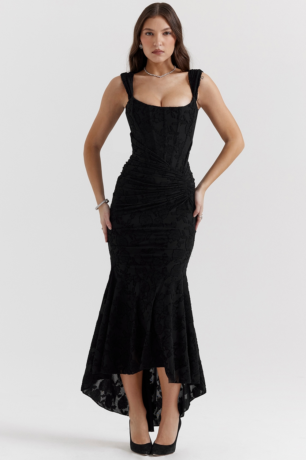 Women's Square Neck Lace Midi Dress with Asymmetric Hem Detail