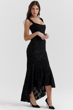 Women's Square Neck Lace Midi Dress with Asymmetric Hem Detail
