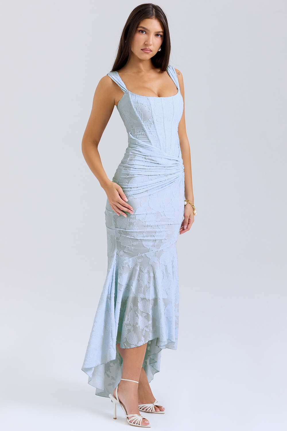 Women's Square Neck Lace Midi Dress with Asymmetric Hem Detail