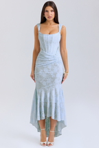 Women's Square Neck Lace Midi Dress with Asymmetric Hem Detail