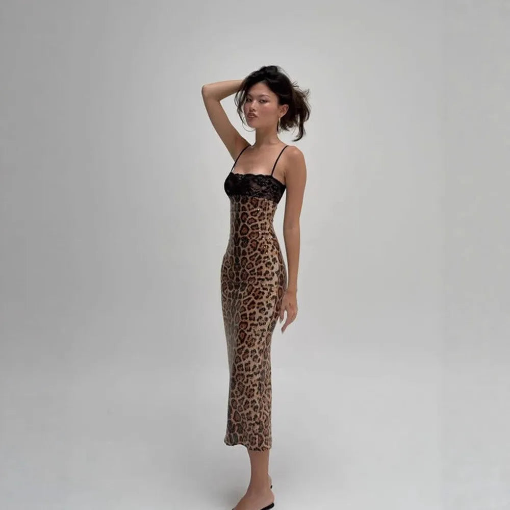 Lace Trim Animal Print Slip Dress