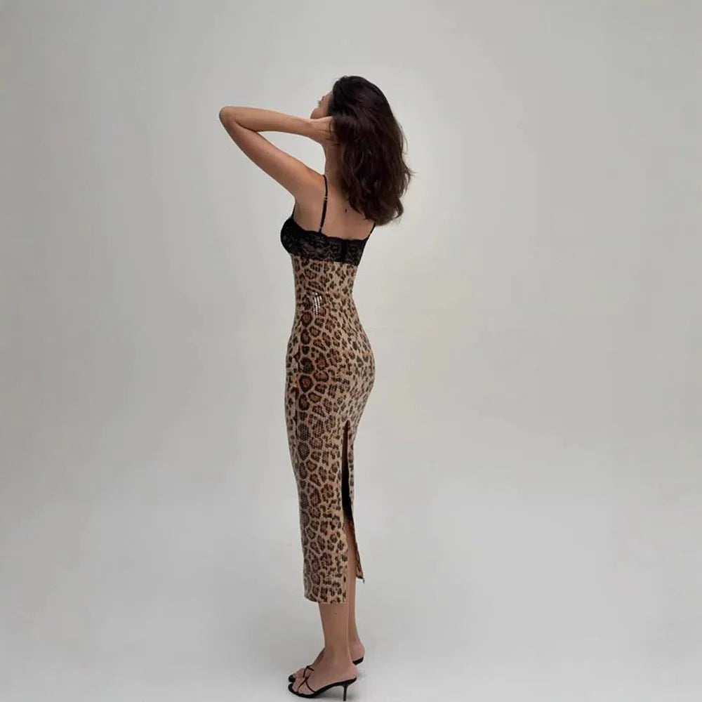 Lace Trim Animal Print Slip Dress
