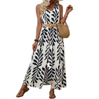 Leaf Pattern Belted Sleeveless Maxi Dress in Dark Blue