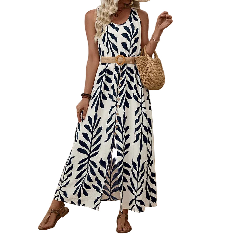 Leaf Pattern Belted Sleeveless Maxi Dress in Dark Blue