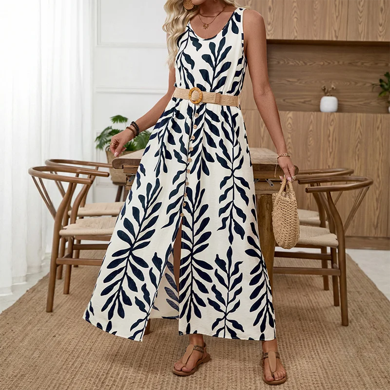 Leaf Pattern Belted Sleeveless Maxi Dress in Dark Blue