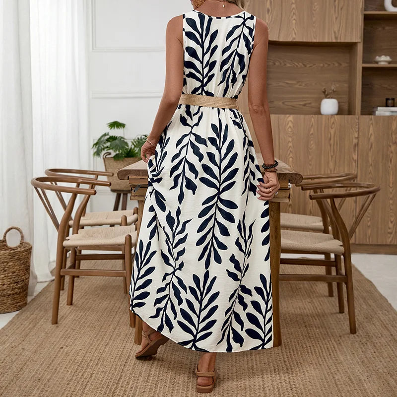 Leaf Pattern Belted Sleeveless Maxi Dress in Dark Blue