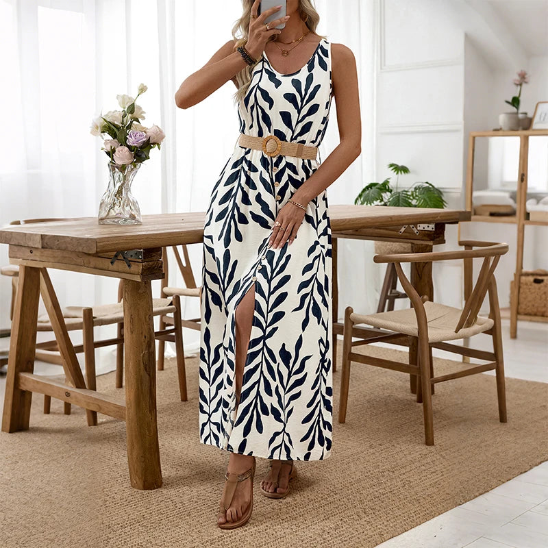 Leaf Pattern Belted Sleeveless Maxi Dress in Dark Blue