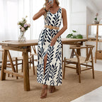 Leaf Pattern Belted Sleeveless Maxi Dress in Dark Blue