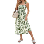 Leaf Print Sleeveless Smocked Maxi Dress in Green