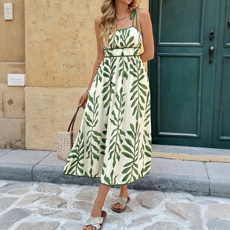 Leaf Print Sleeveless Smocked Maxi Dress in Green