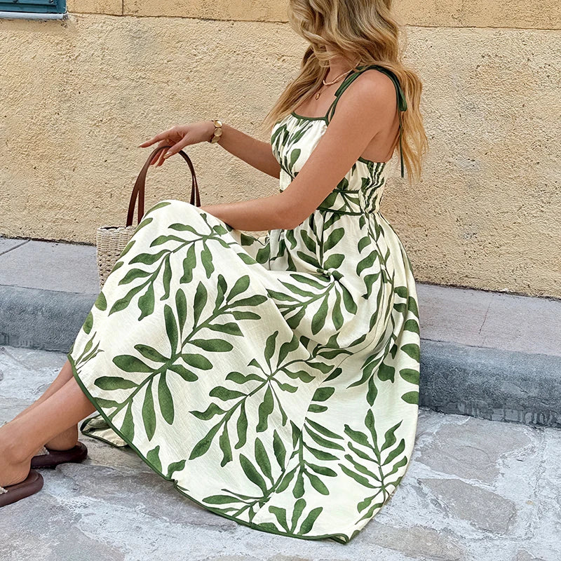 Leaf Print Sleeveless Smocked Maxi Dress in Green