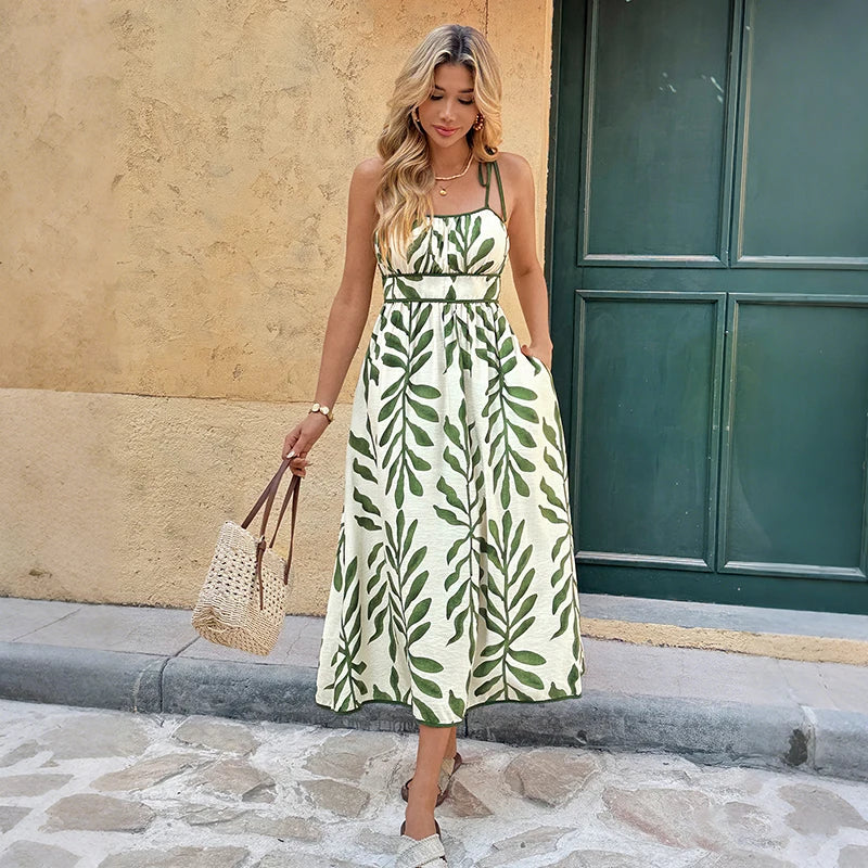 Leaf Print Sleeveless Smocked Maxi Dress in Green