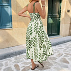 Leaf Print Sleeveless Smocked Maxi Dress in Green