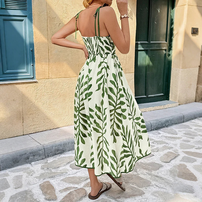 Leaf Print Sleeveless Smocked Maxi Dress in Green