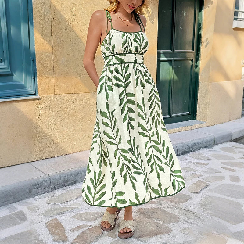 Leaf Print Sleeveless Smocked Maxi Dress in Green