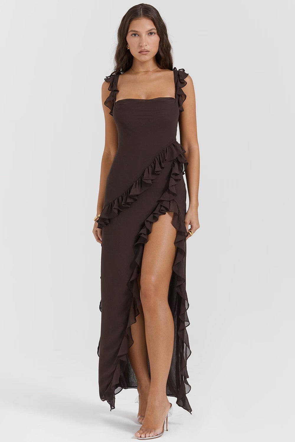 Women's Sleeveless Ruffle Maxi Dress with Side Split Detail