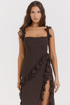 Women's Sleeveless Ruffle Maxi Dress with Side Split Detail