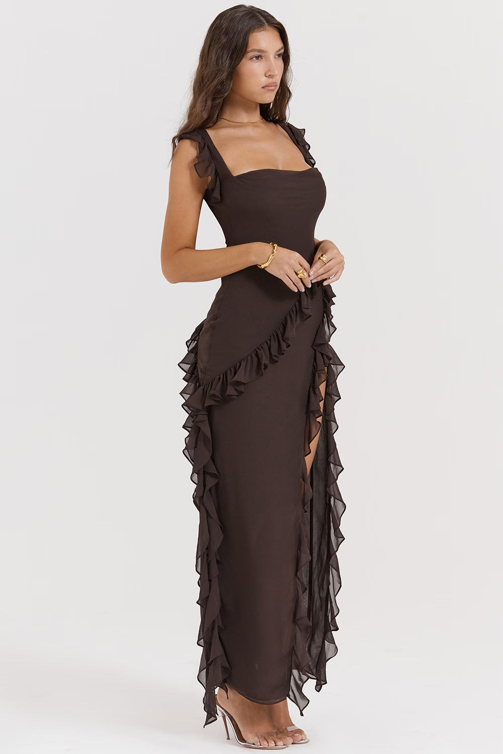 Women's Sleeveless Ruffle Maxi Dress with Side Split Detail