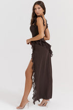 Women's Sleeveless Ruffle Maxi Dress with Side Split Detail