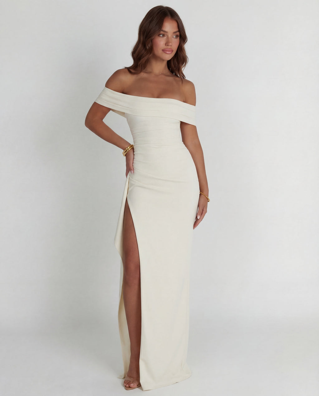 Women's Bodycon Off Shoulder Maxi Dress with Draped Front