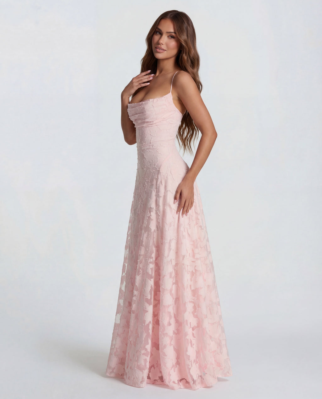 Women's Long Floral Dress with Straight Neckline and Wide Hem