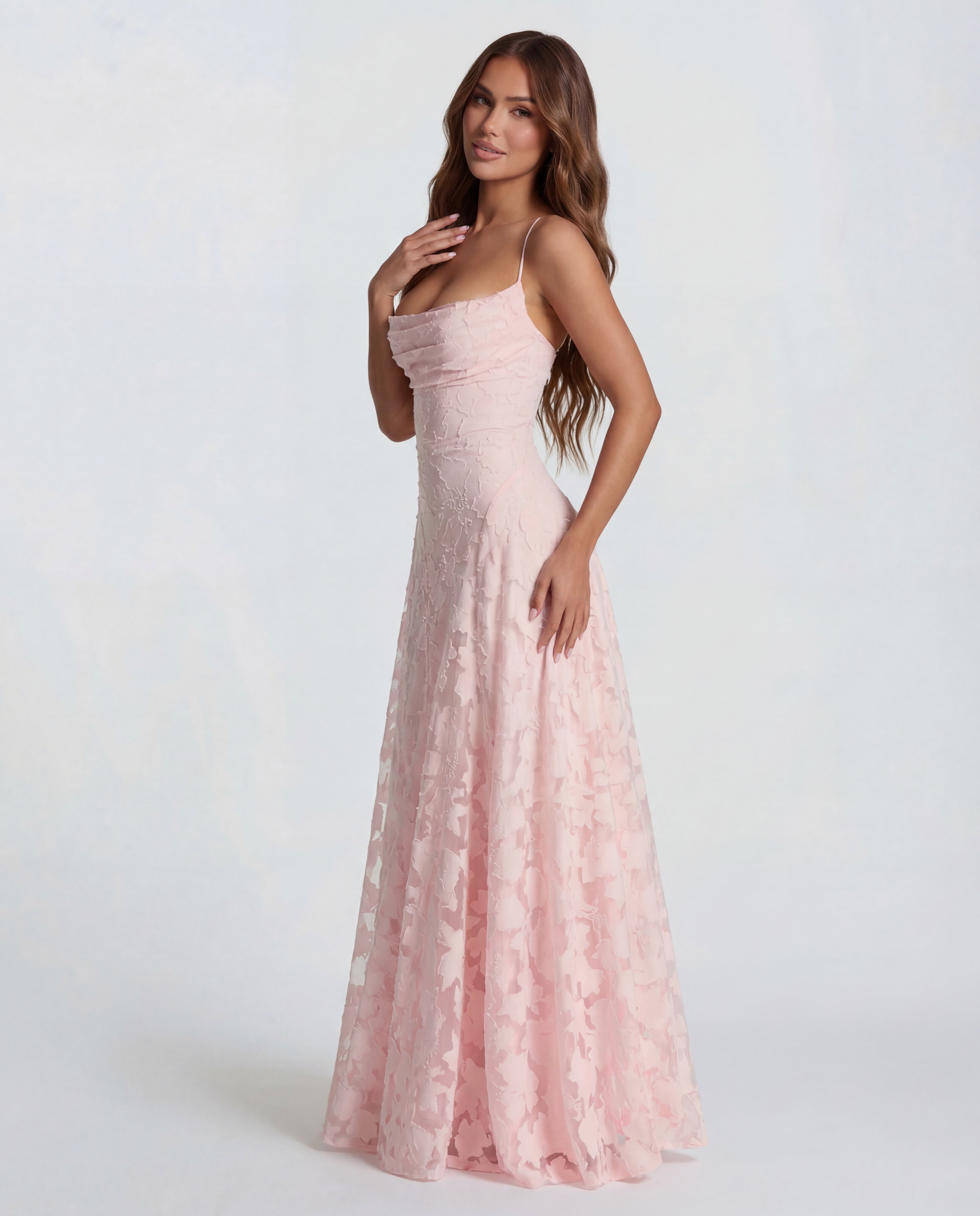 Women's Long Floral Dress with Straight Neckline and Wide Hem