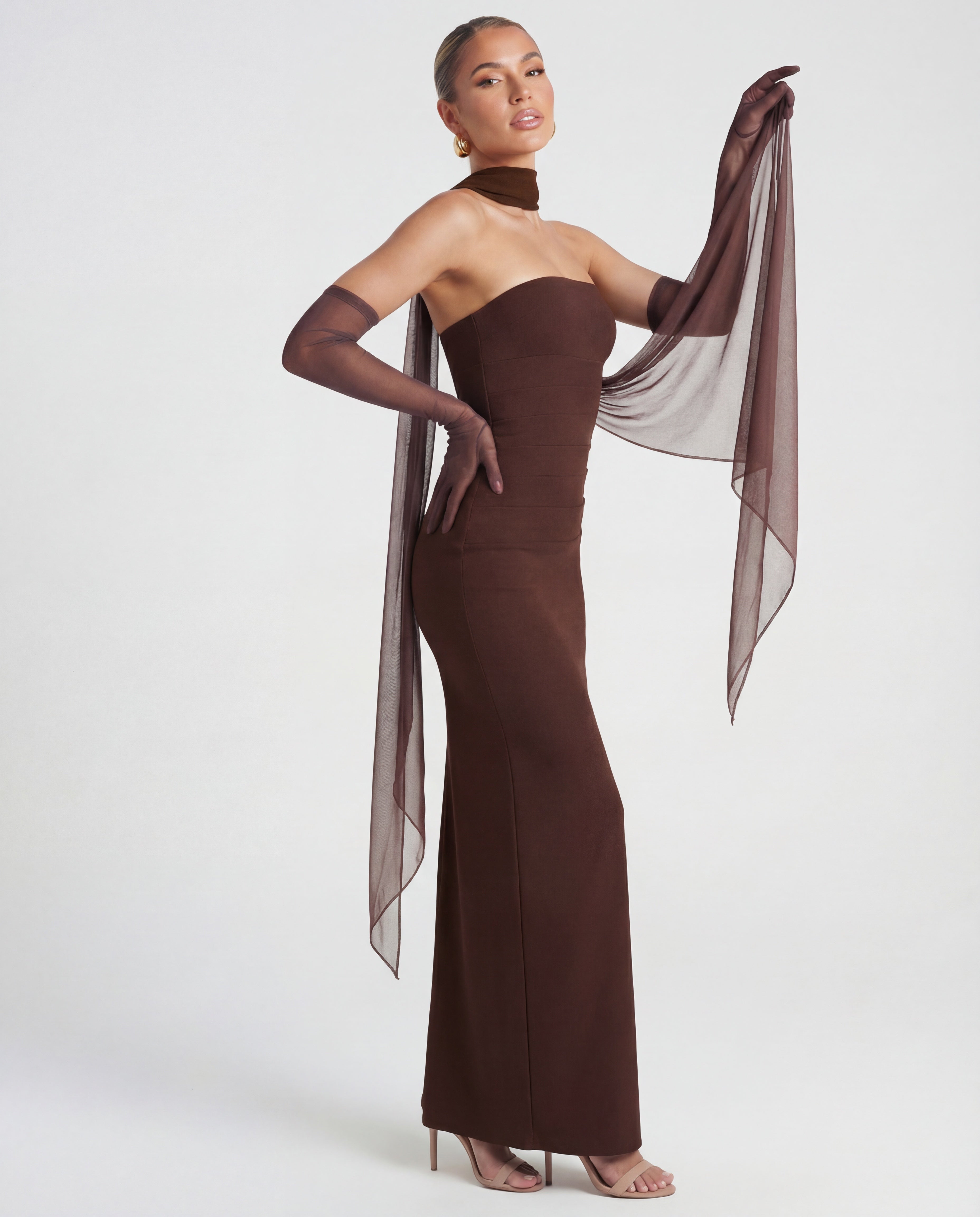 Women's Strapless Bodycon Maxi Dress with Matching Sheer Scarf Detail
