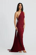 Women's Open Back Halter Column Maxi Dress with Train