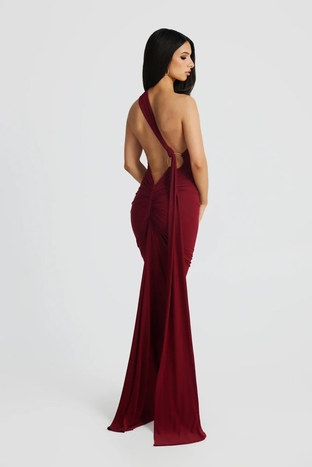 Women's Open Back Halter Column Maxi Dress with Train
