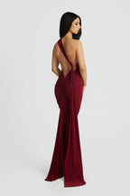 Women's Open Back Halter Column Maxi Dress with Train