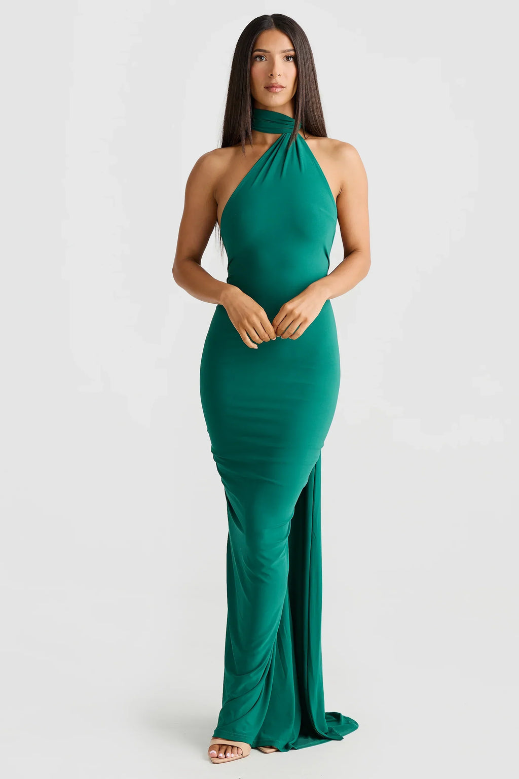 Women's Open Back Halter Column Maxi Dress with Train
