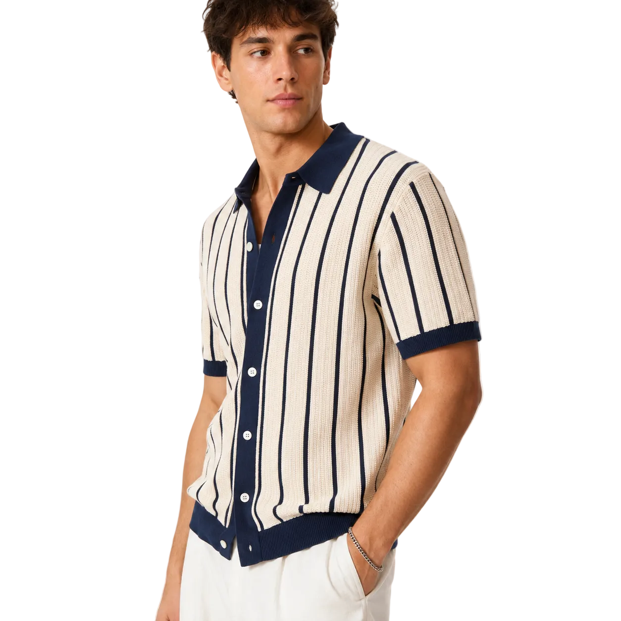 Men's Striped Knit Short Sleeve Polo Shirt