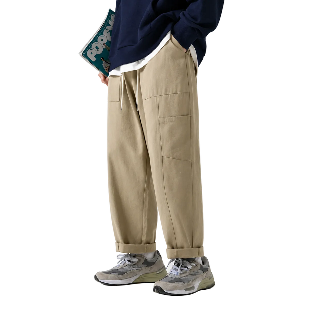 Men's Cotton Drawstring Straight Leg Pants in beige — front view