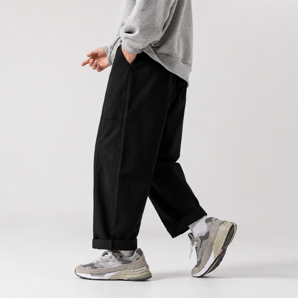 Men's Cotton Drawstring Straight Leg Pants in beige — side view